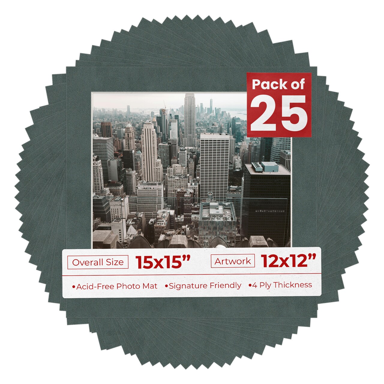 Dark Grey Suede Mat Board for 15x15 Frames - Fits 12x12 Photos